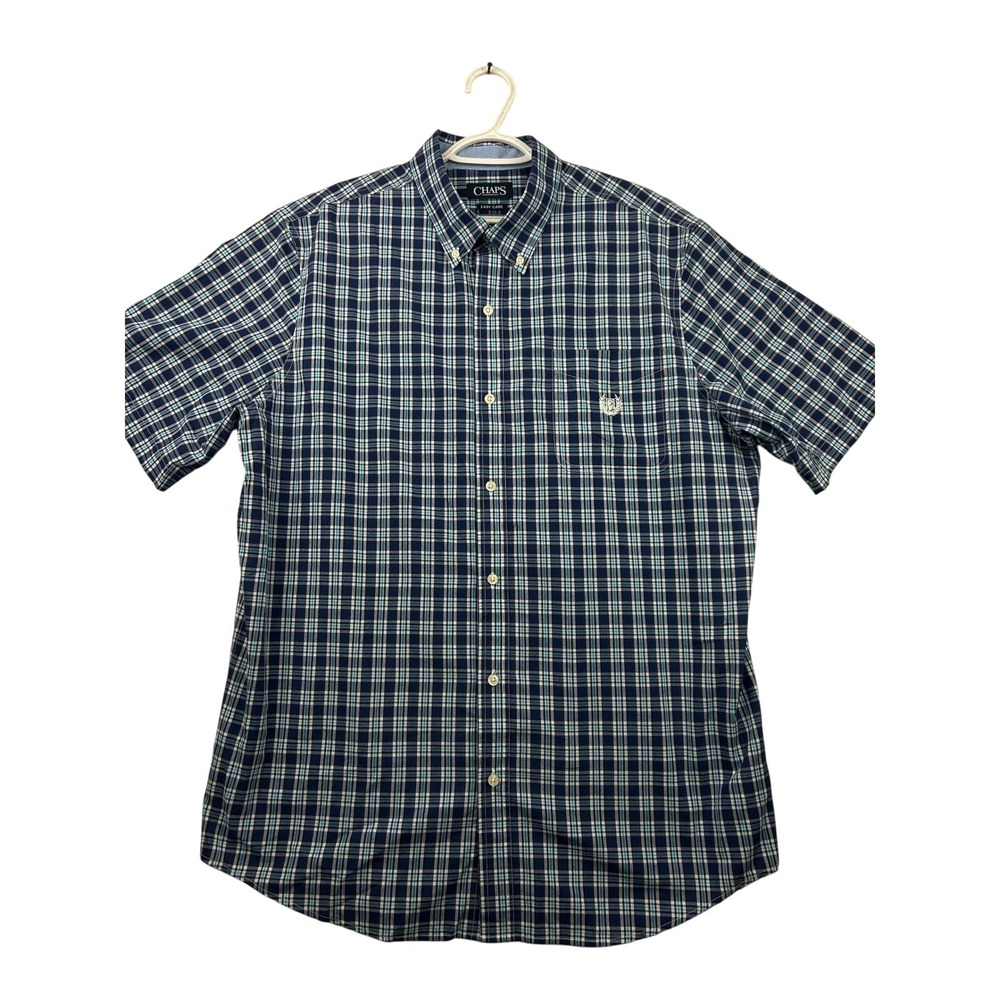 Chaps Men's Button Down Shirt XL Blue Plaid Short Sleeve Preppy Casual Classic